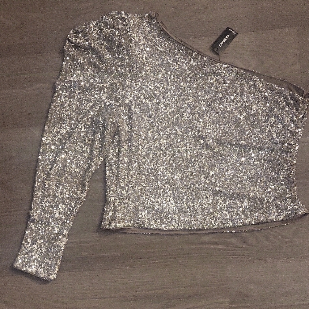 Express Silver Sequin One-Shoulder Top